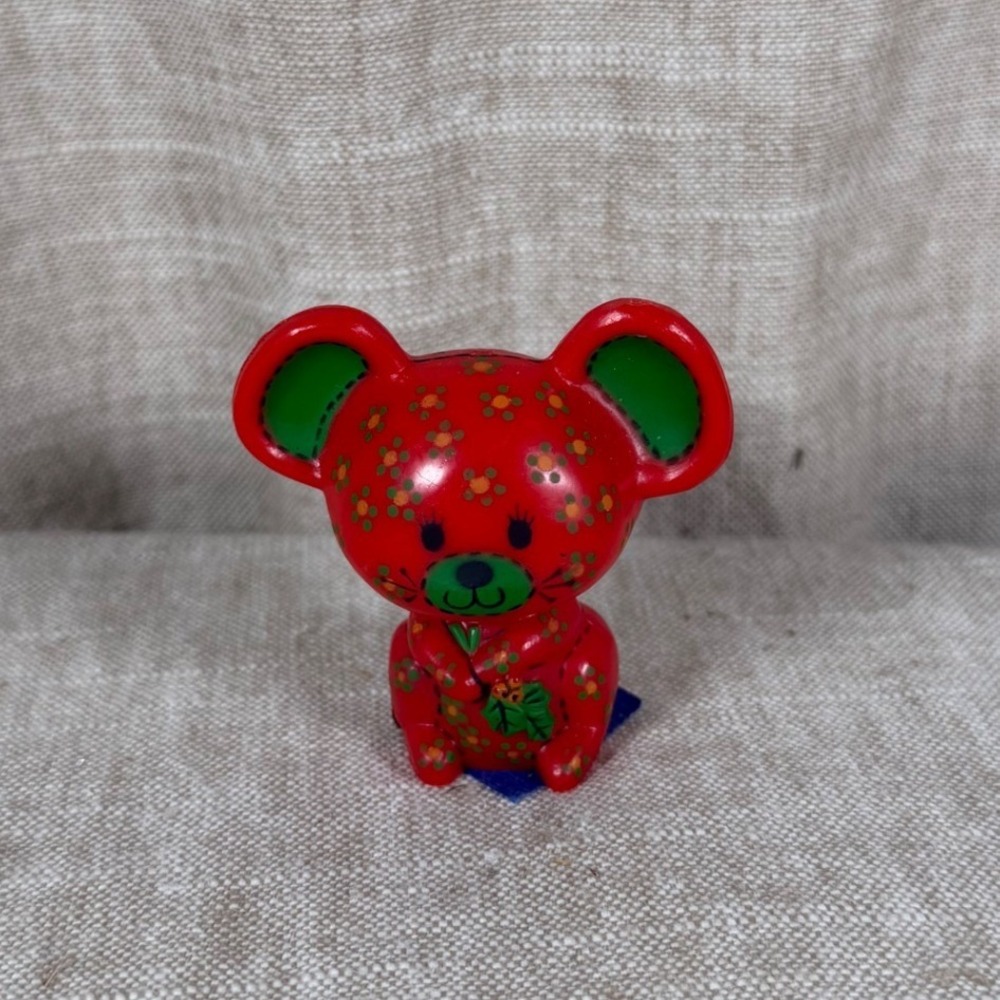 Vintage Red Floral Mouse Figurine Kitsch Retro Plastic Collectible
